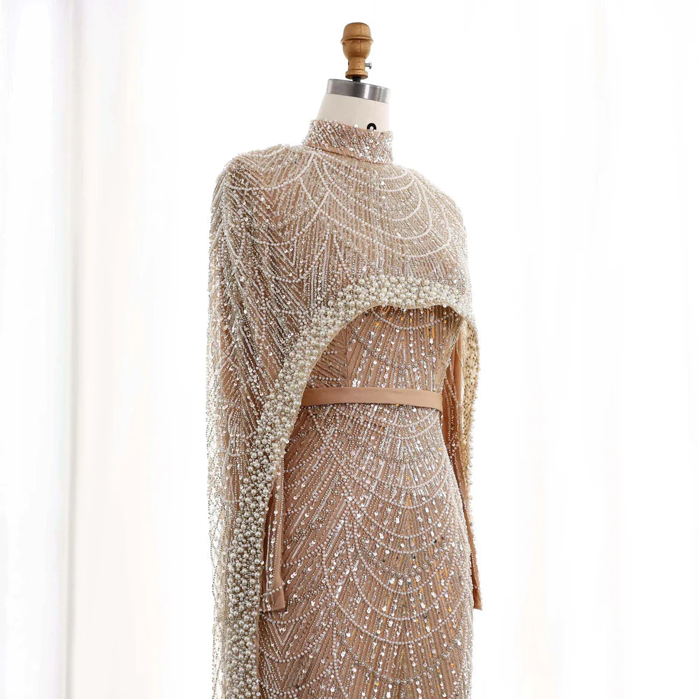 The Isadora — Long Sleeve Beaded Cape Gown