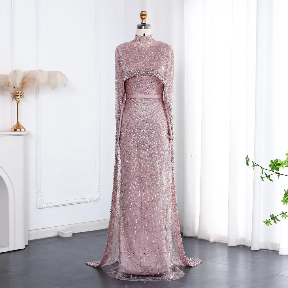 The Isadora — Long Sleeve Beaded Cape Gown