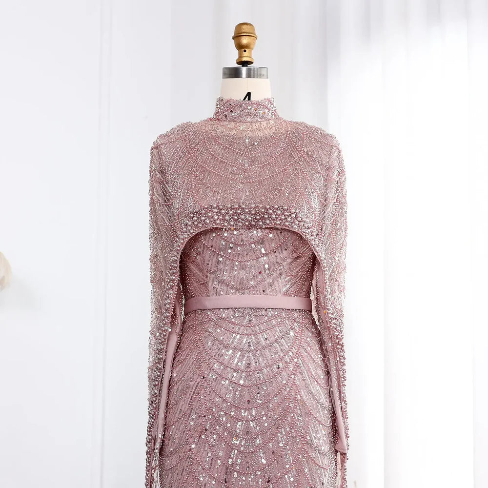 The Isadora — Long Sleeve Beaded Cape Gown