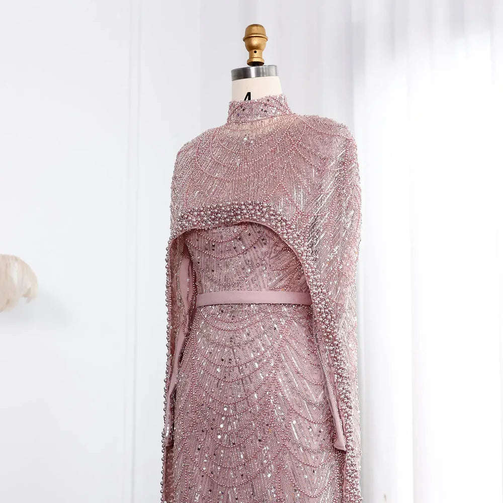 The Isadora — Long Sleeve Beaded Cape Gown