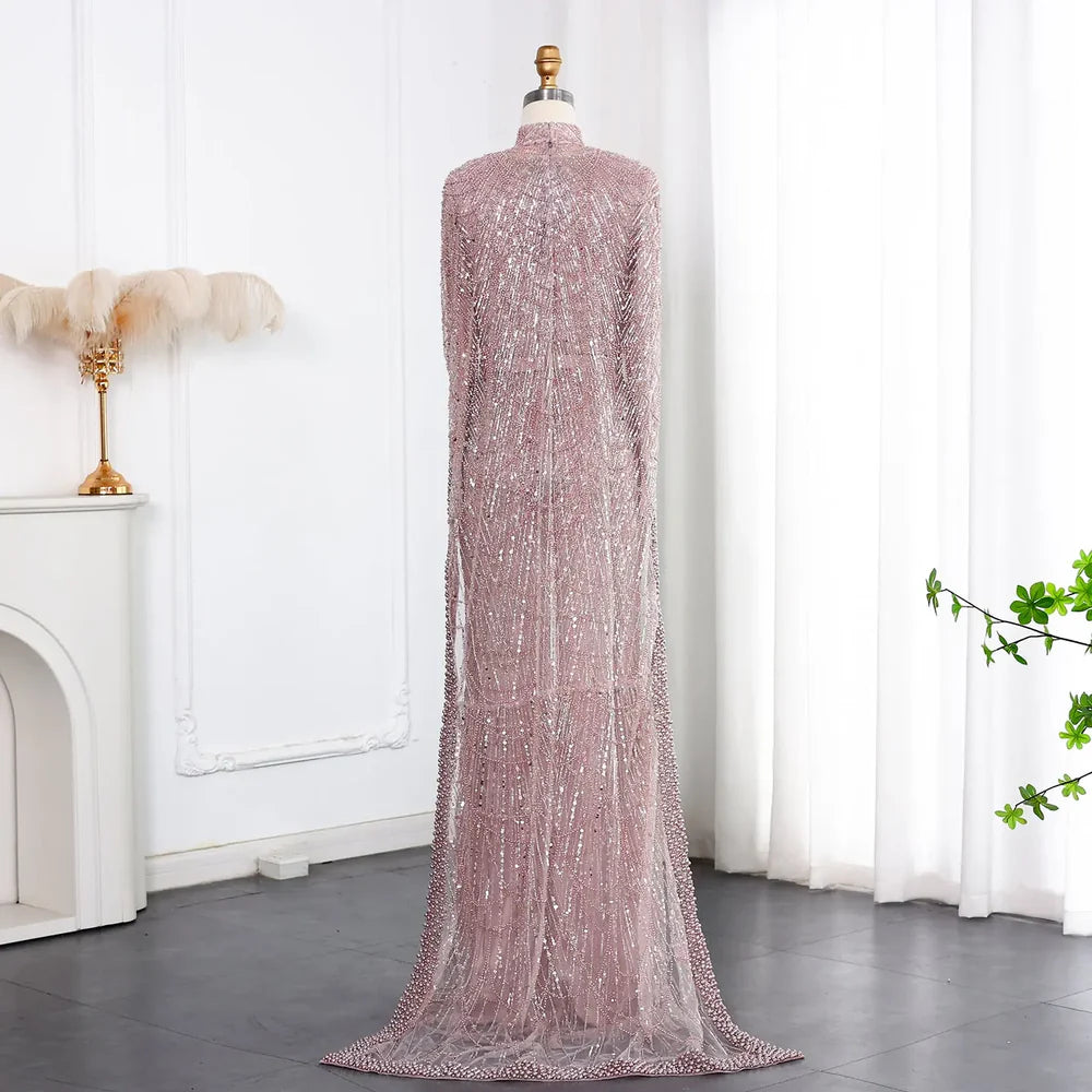 The Isadora — Long Sleeve Beaded Cape Gown