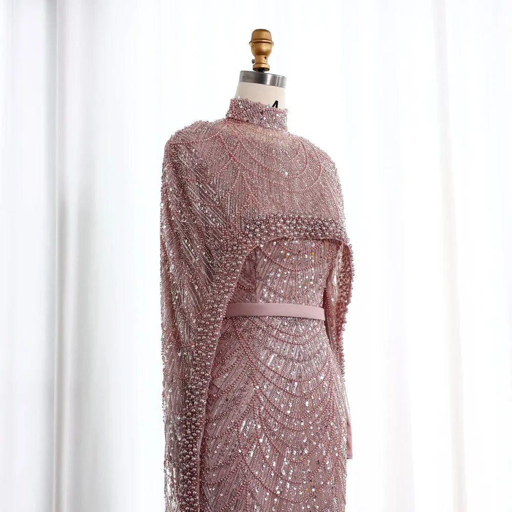 The Isadora — Long Sleeve Beaded Cape Gown