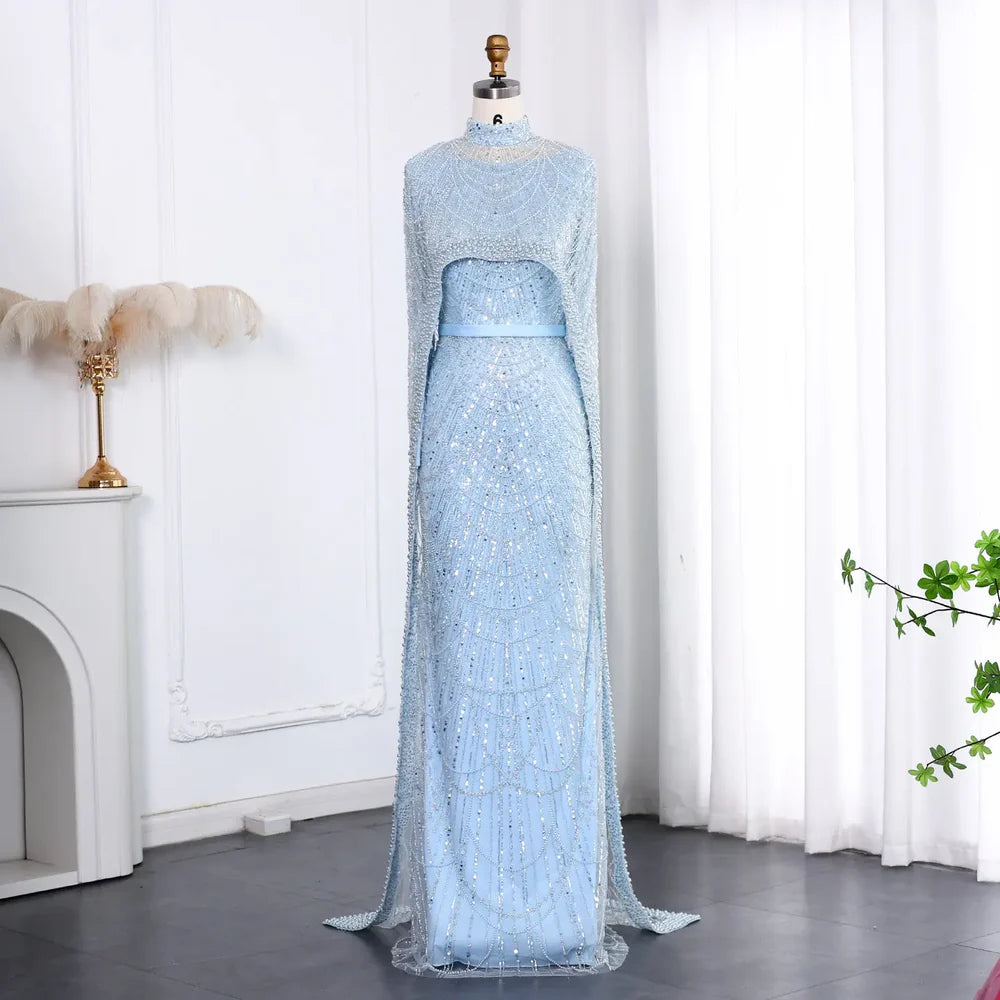 The Isadora — Long Sleeve Beaded Cape Gown