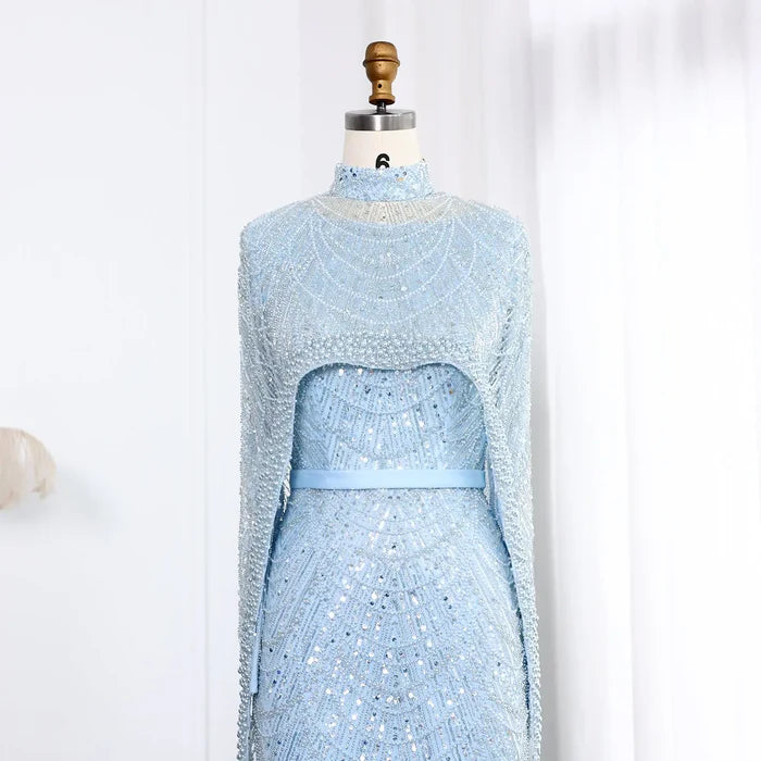 The Isadora — Long Sleeve Beaded Cape Gown