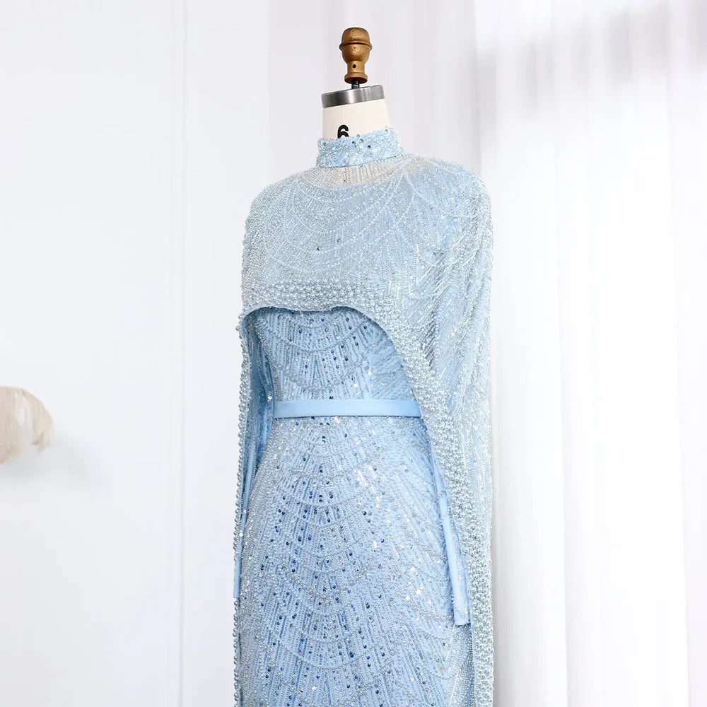 The Isadora — Long Sleeve Beaded Cape Gown