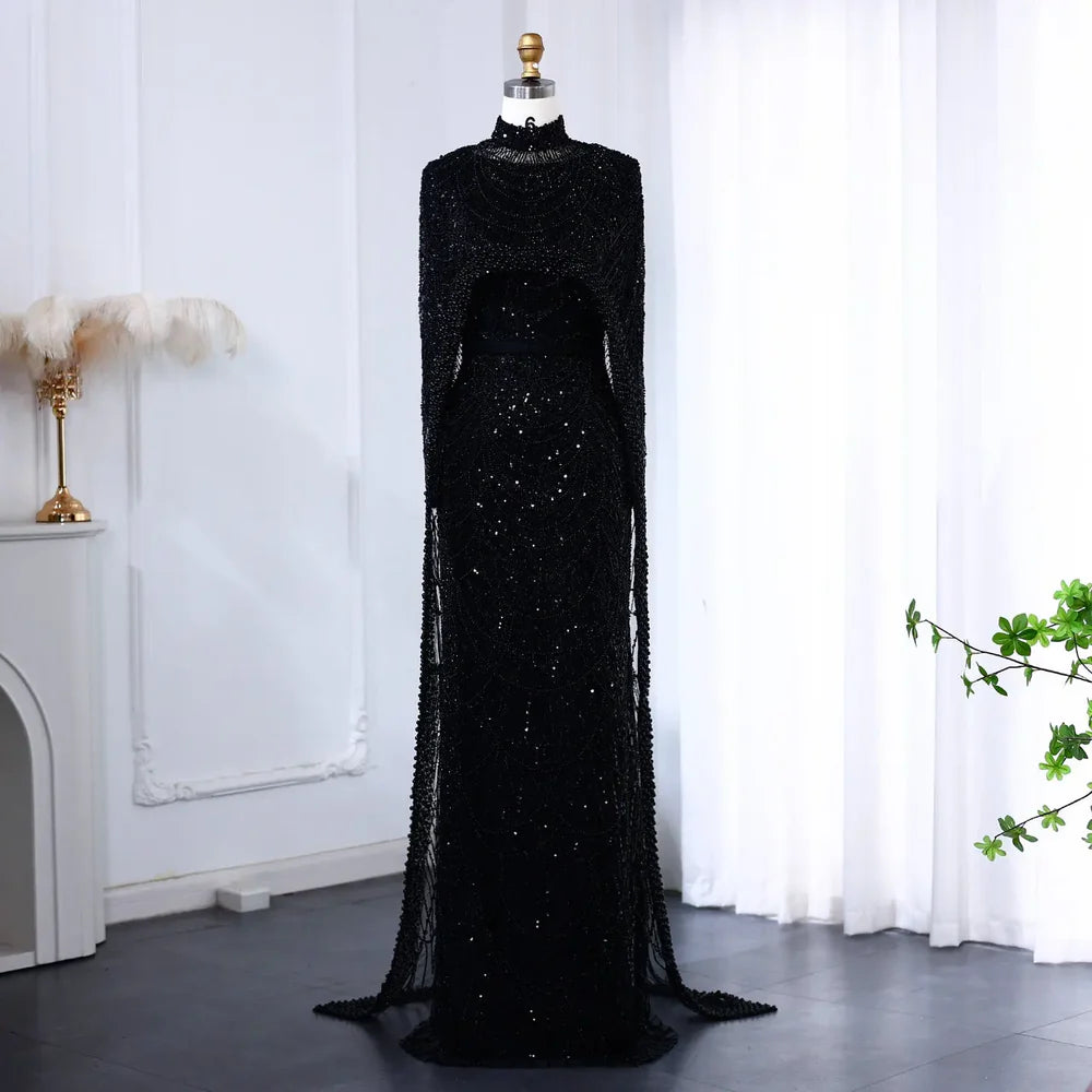 The Isadora — Long Sleeve Beaded Cape Gown