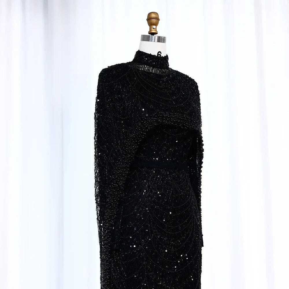 The Isadora — Long Sleeve Beaded Cape Gown