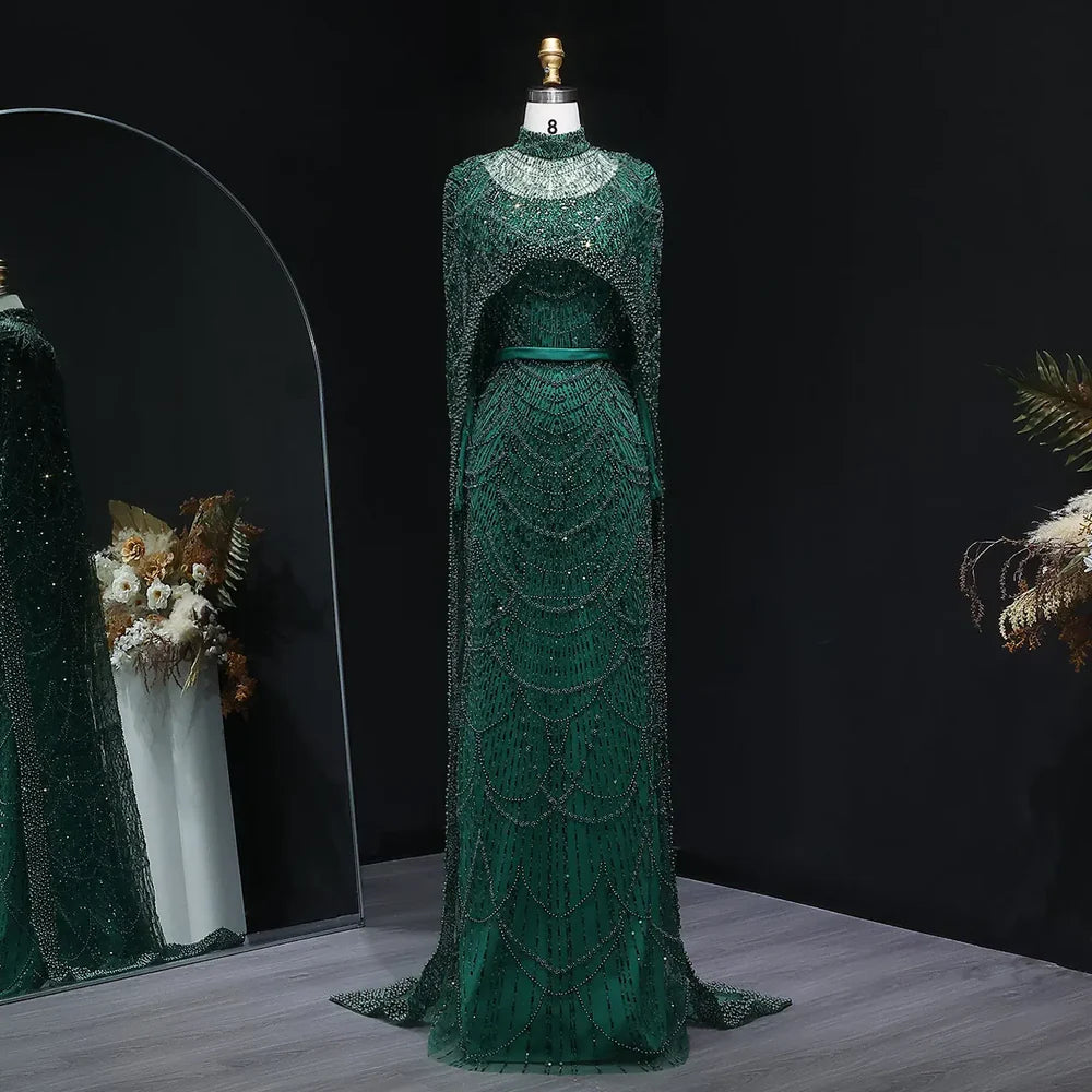 The Isadora — Long Sleeve Beaded Cape Gown