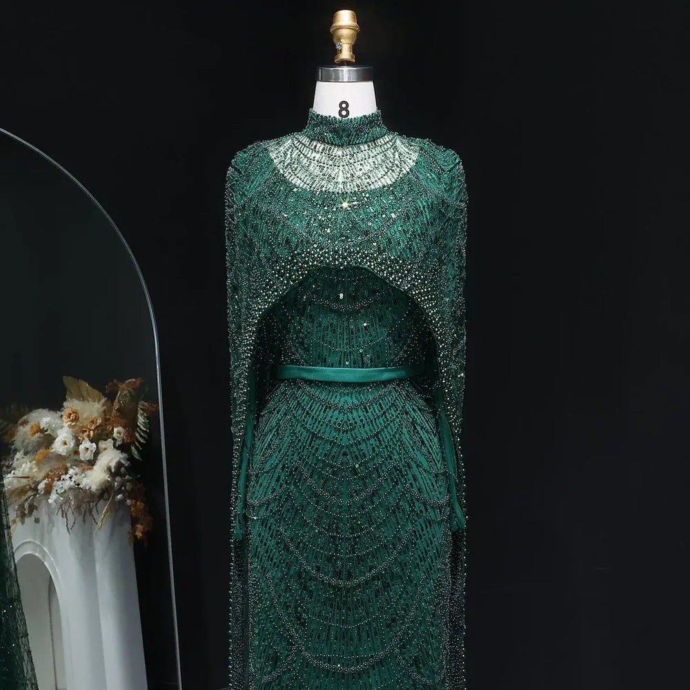 The Isadora — Long Sleeve Beaded Cape Gown