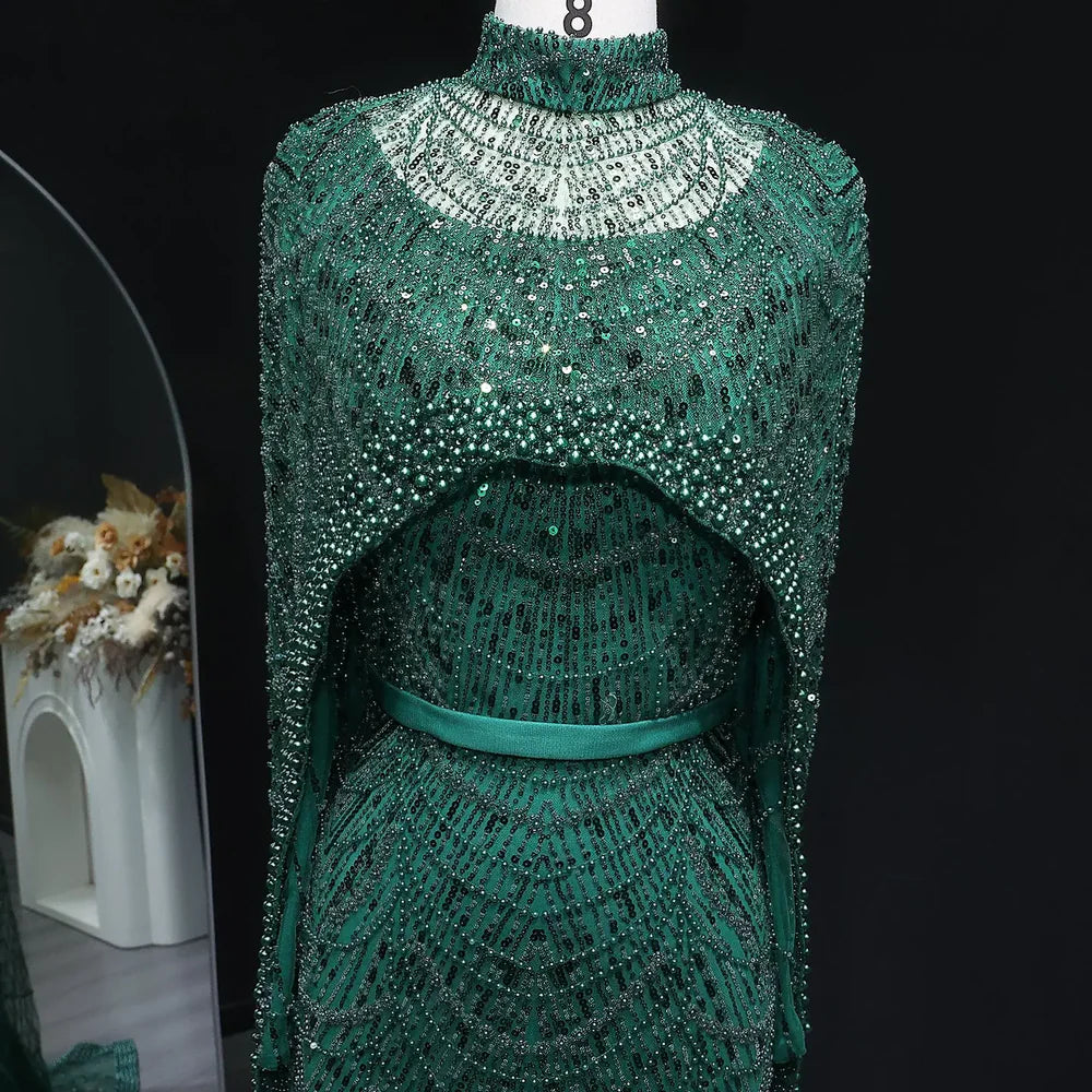 The Isadora — Long Sleeve Beaded Cape Gown