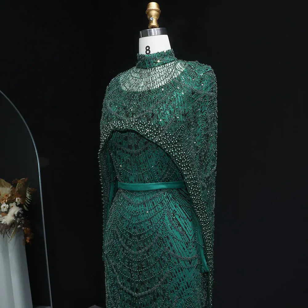 The Isadora — Long Sleeve Beaded Cape Gown