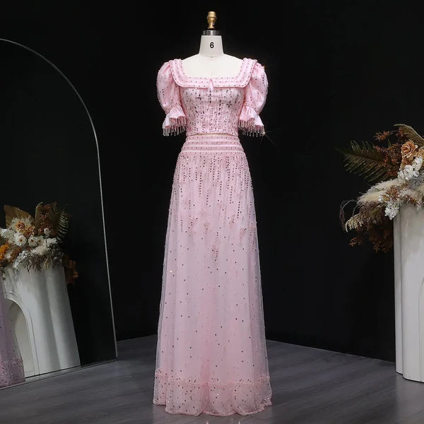 The Rosa — Pink Sequin Puff-Sleeve Two-Piece Gown