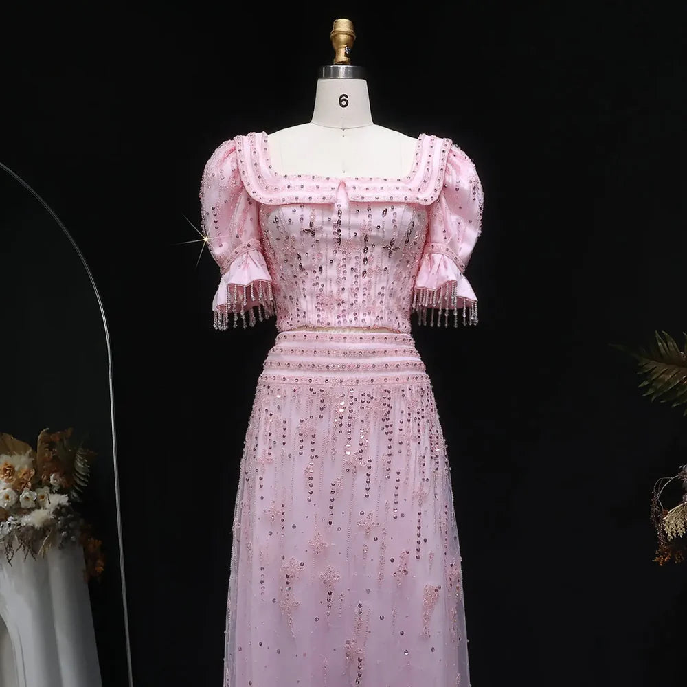 The Rosa — Pink Sequin Puff-Sleeve Two-Piece Gown