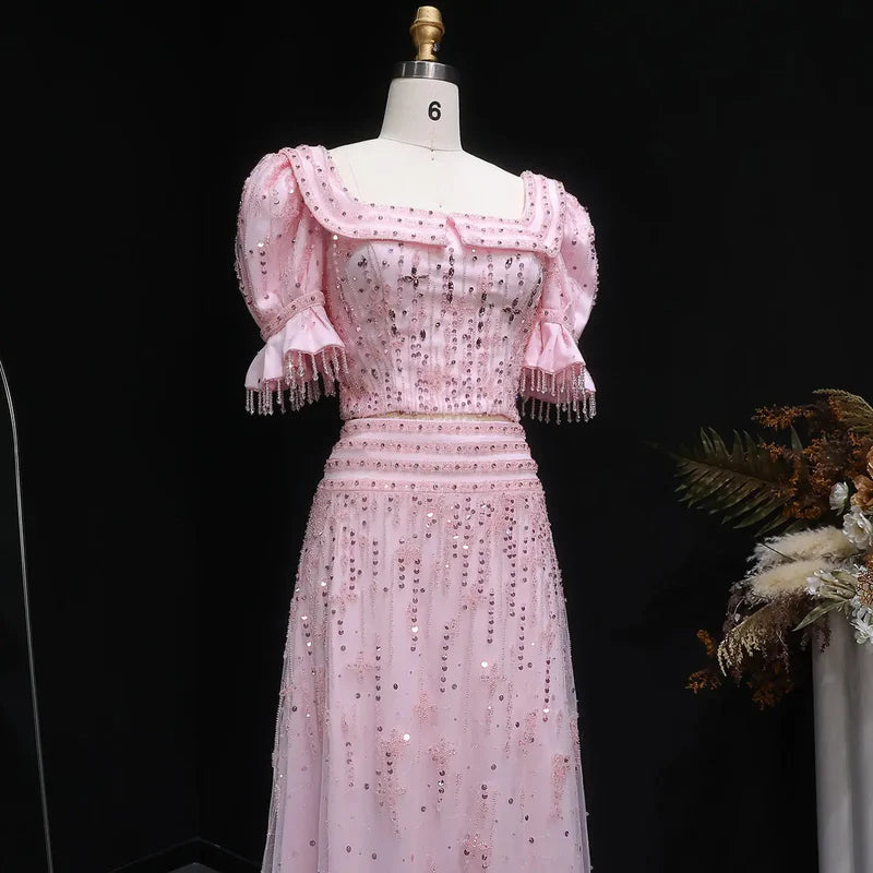 The Rosa — Pink Sequin Puff-Sleeve Two-Piece Gown