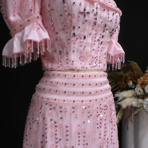 The Rosa — Pink Sequin Puff-Sleeve Two-Piece Gown