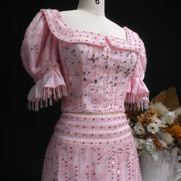 The Rosa — Pink Sequin Puff-Sleeve Two-Piece Gown
