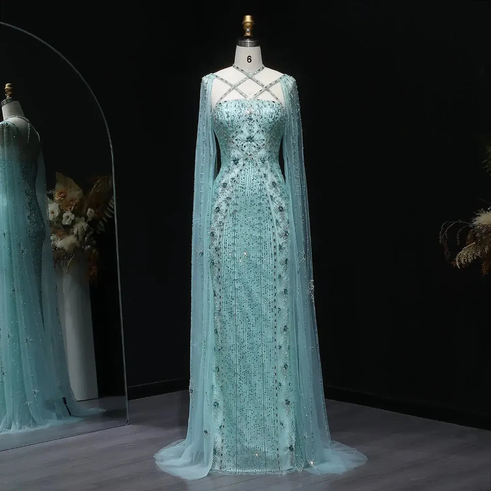 The Aqua — Crisscross Halter Cape Mermaid Gown