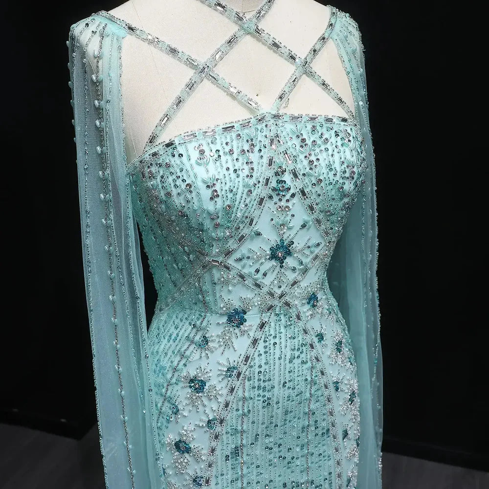 The Aqua — Crisscross Halter Cape Mermaid Gown