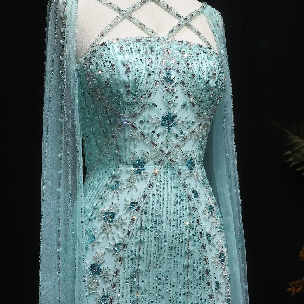 The Aqua — Crisscross Halter Cape Mermaid Gown