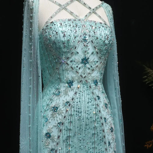 The Aqua — Crisscross Halter Cape Mermaid Gown