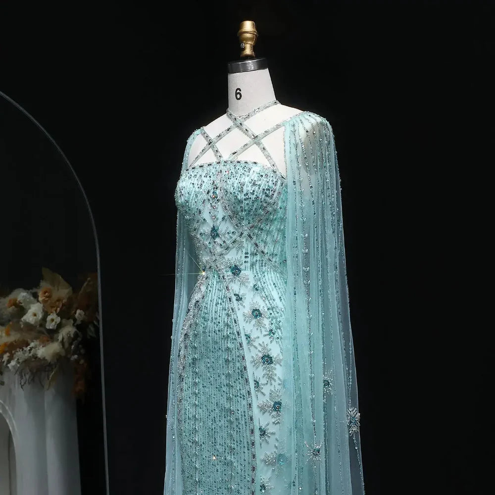 The Aqua — Crisscross Halter Cape Mermaid Gown