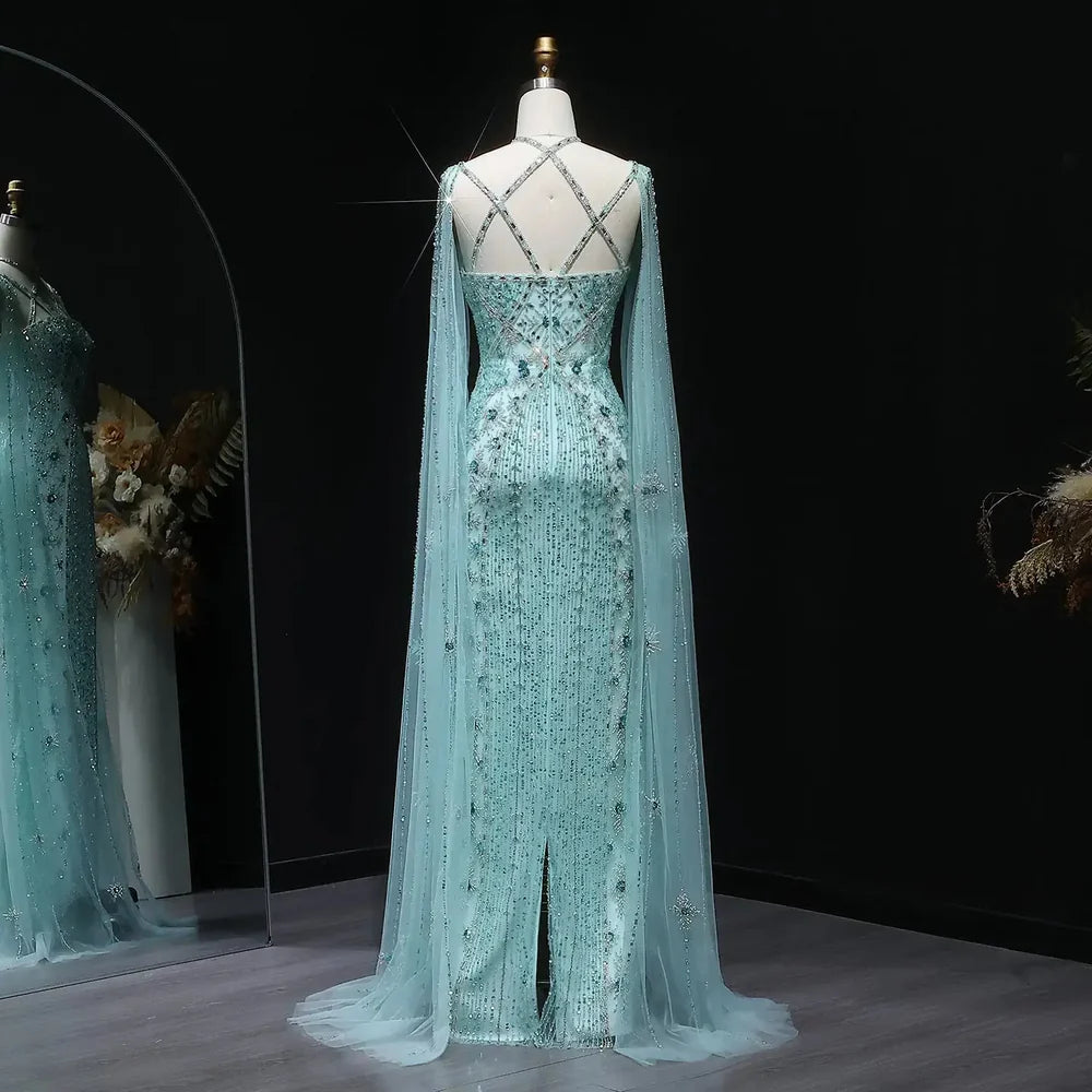 The Aqua — Crisscross Halter Cape Mermaid Gown