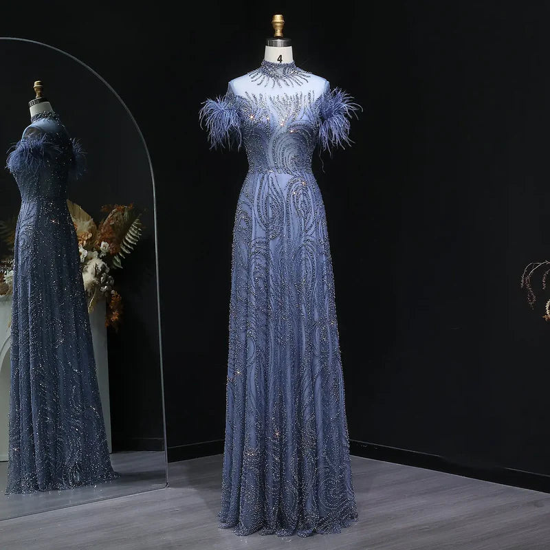 The Sapphire — Blue High-Neck Feather Ball Gown