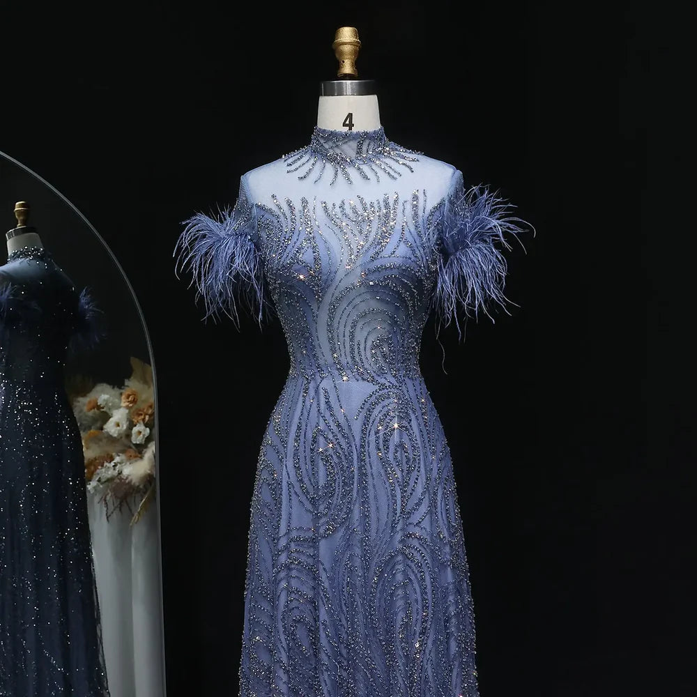 The Sapphire — Blue High-Neck Feather Ball Gown