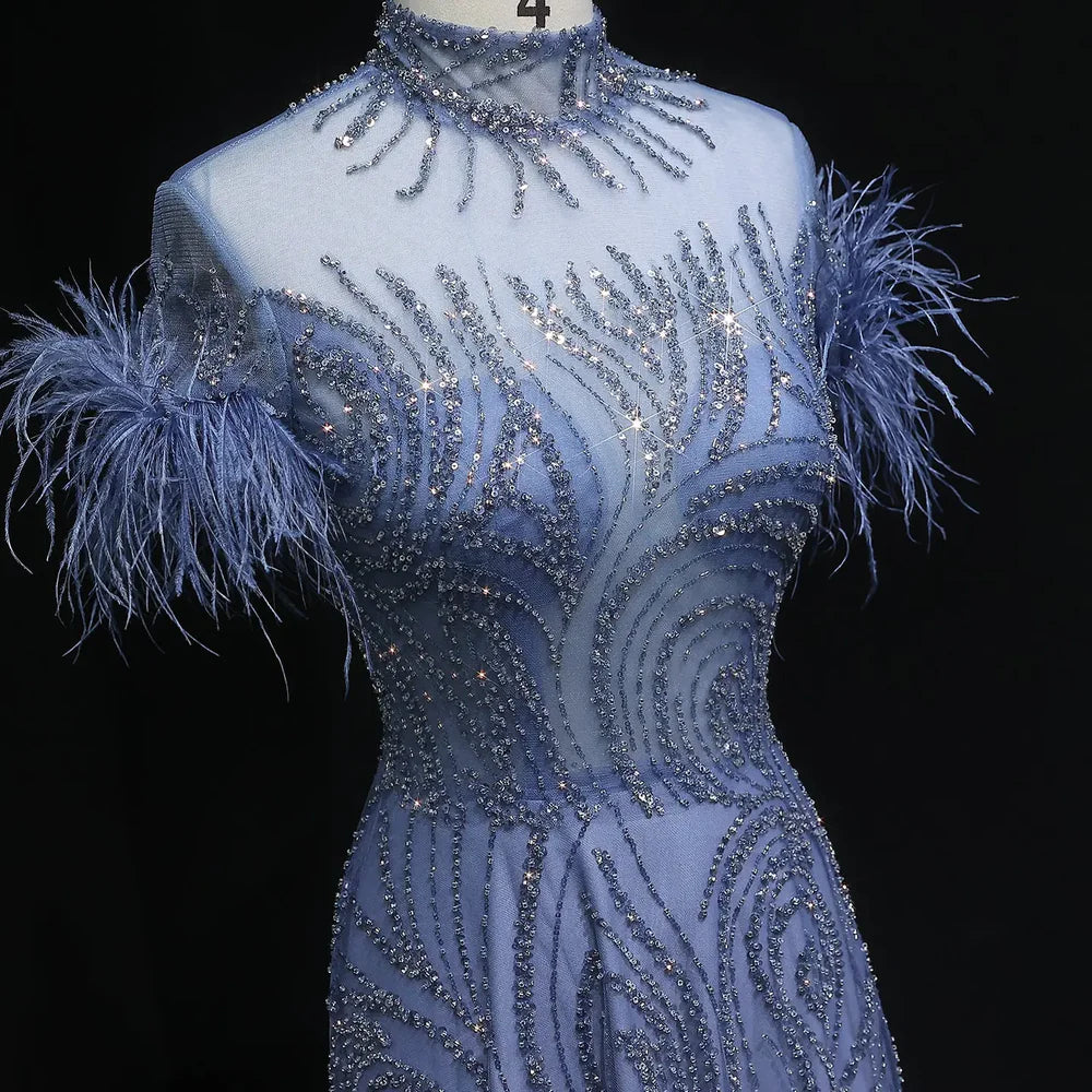 The Sapphire — Blue High-Neck Feather Ball Gown