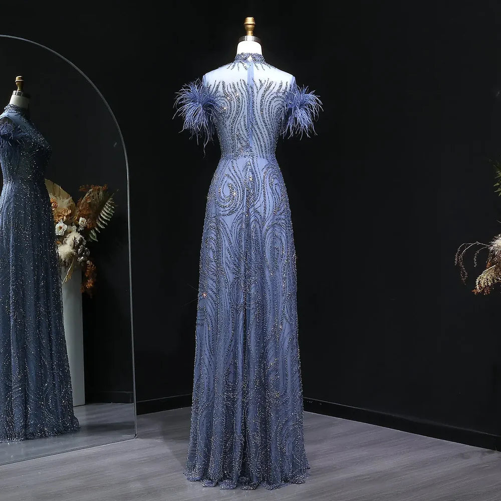 The Sapphire — Blue High-Neck Feather Ball Gown