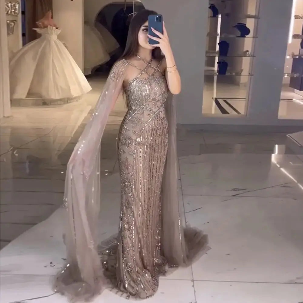 The Aqua — Crisscross Halter Cape Mermaid Gown