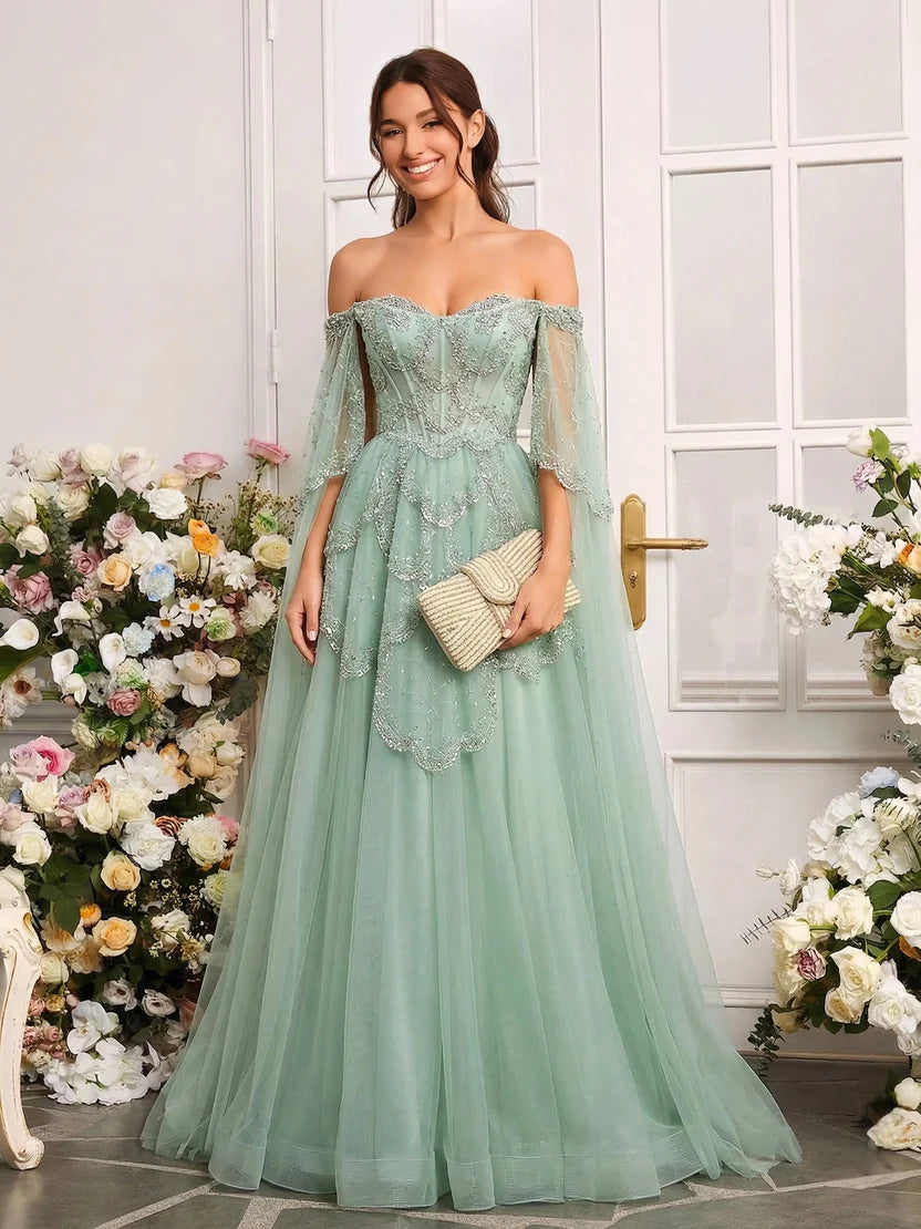 The Valentina — Off-Shoulder Cape Gown