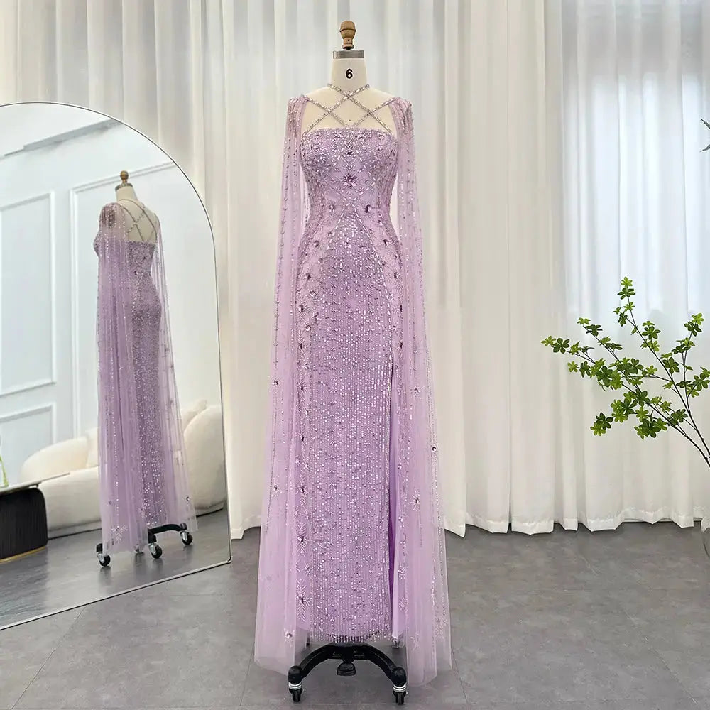 The Aqua — Crisscross Halter Cape Mermaid Gown