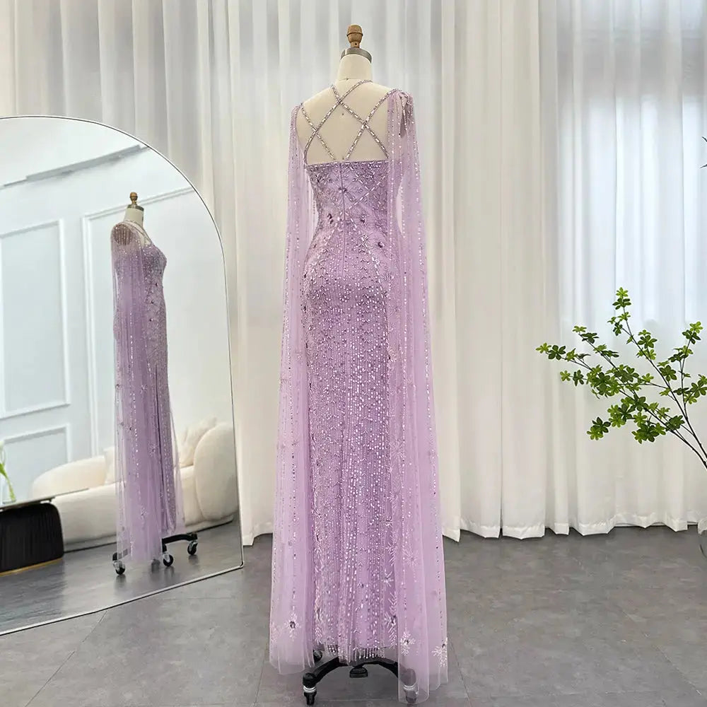 The Aqua — Crisscross Halter Cape Mermaid Gown