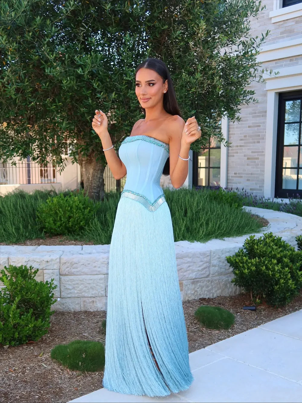 The Bleu — Blue Crystal Fringe Strapless Mermaid Gown
