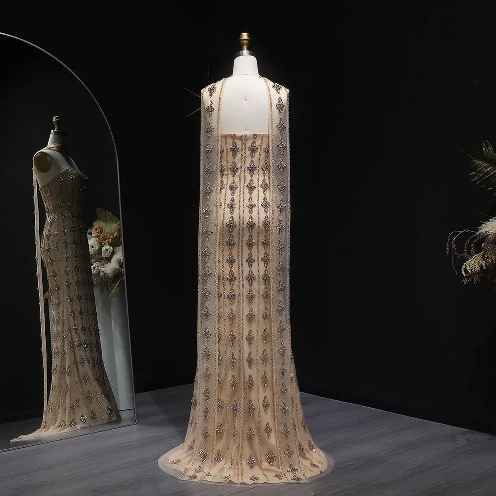 The Chloé — Nude Strapless Beaded Mermaid Gown with Scarf