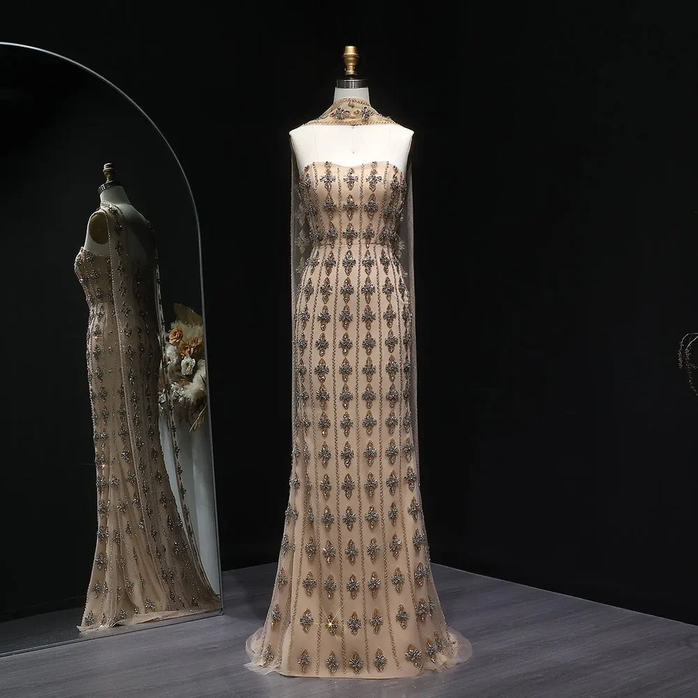 The Chloé — Nude Strapless Beaded Mermaid Gown with Scarf