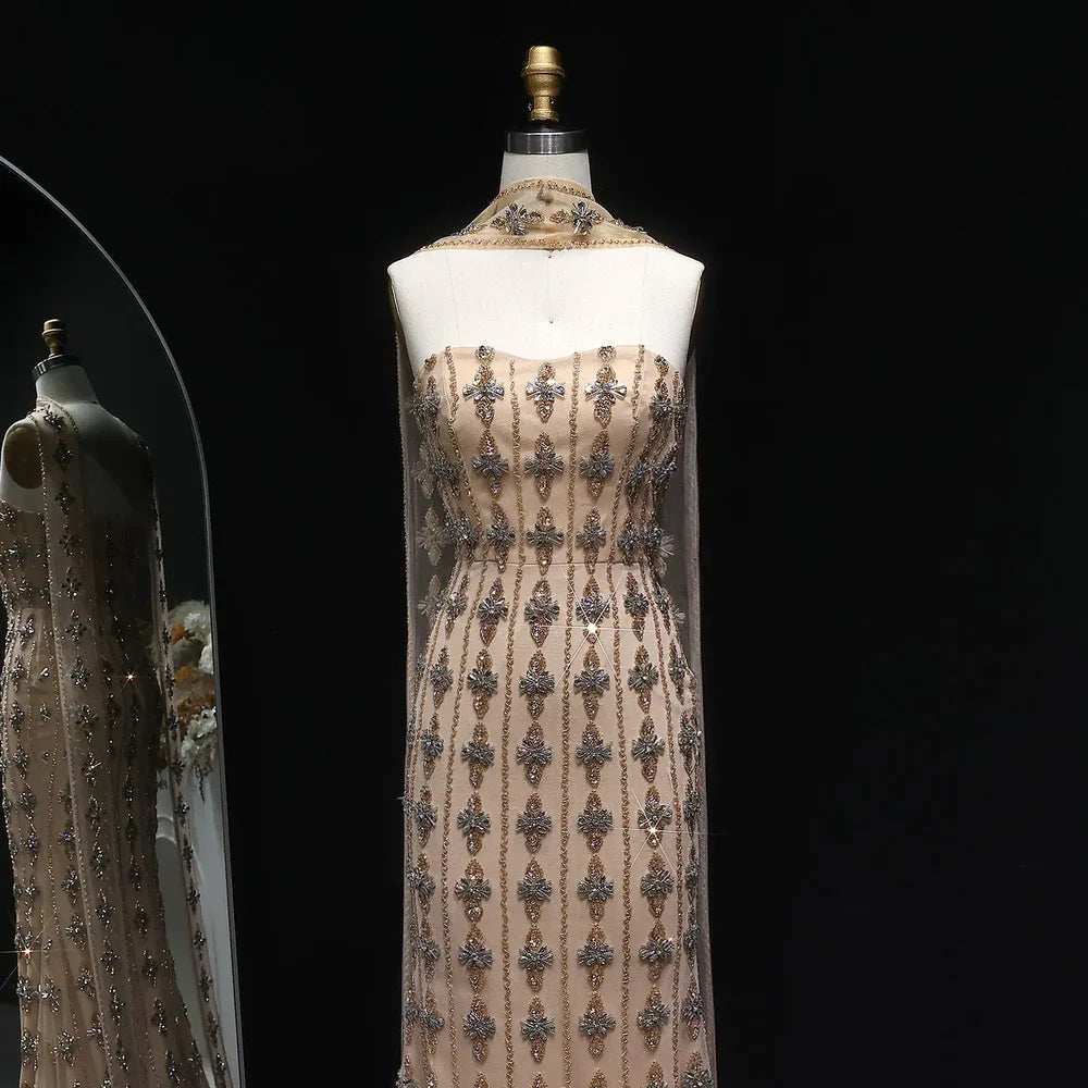The Chloé — Nude Strapless Beaded Mermaid Gown with Scarf
