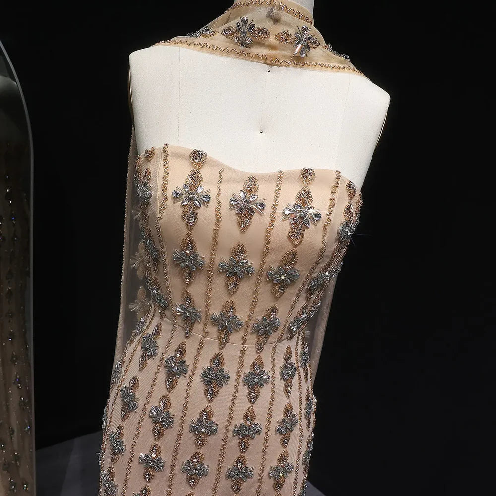 The Chloé — Nude Strapless Beaded Mermaid Gown with Scarf