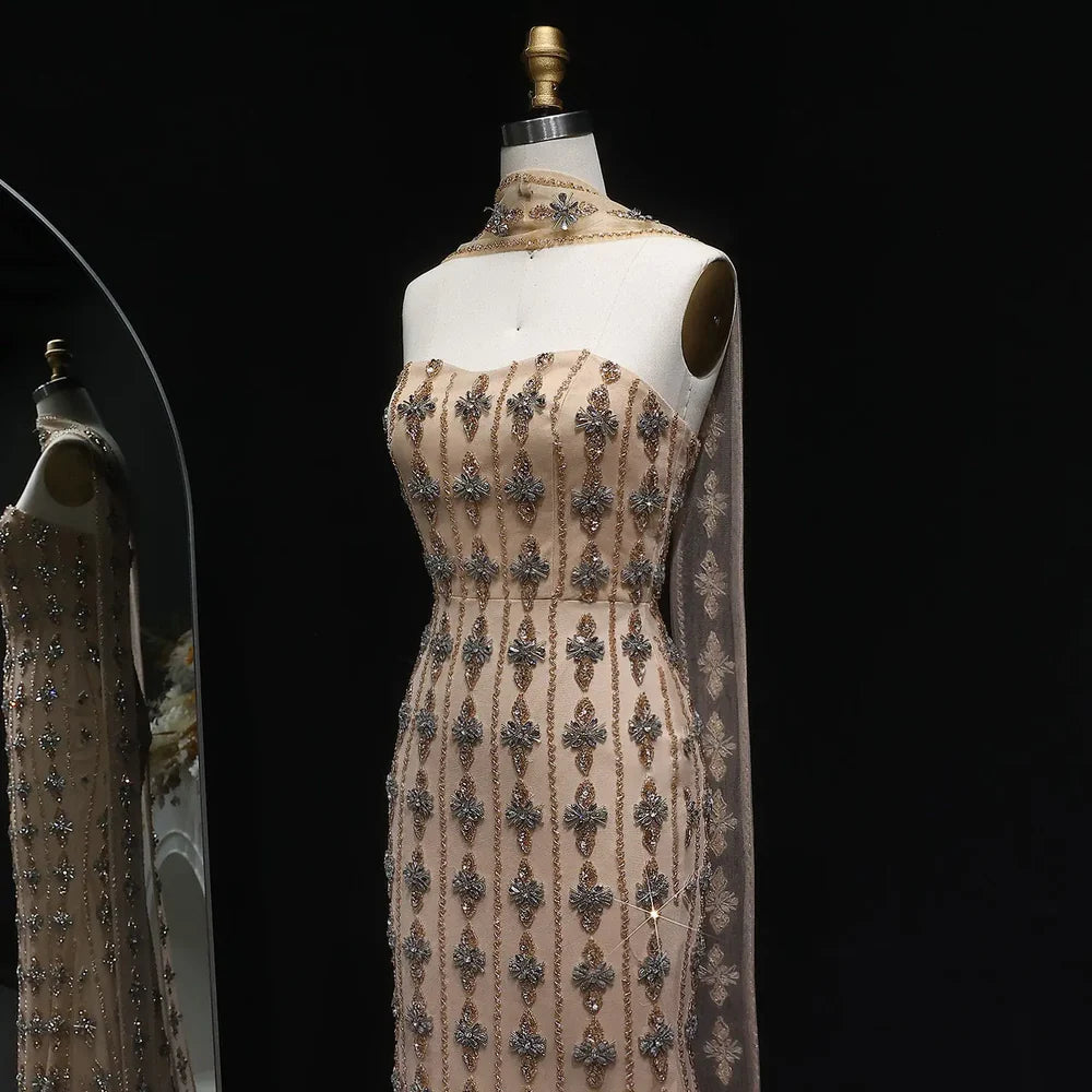 The Chloé — Nude Strapless Beaded Mermaid Gown with Scarf