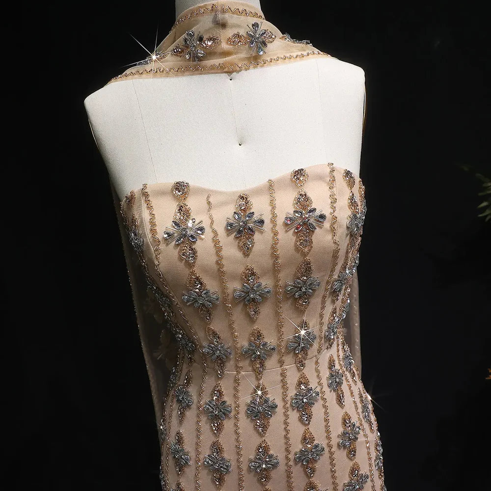 The Chloé — Nude Strapless Beaded Mermaid Gown with Scarf
