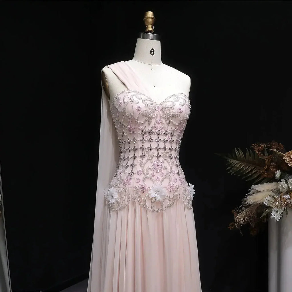 The Celeste — 3D Floral One-Shoulder Cape Gown