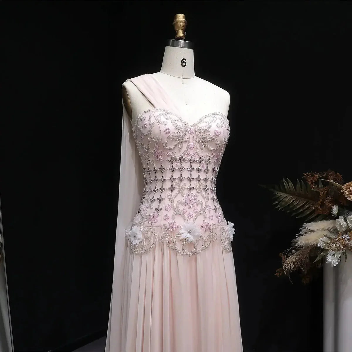 The Celeste — 3D Floral One-Shoulder Cape Gown