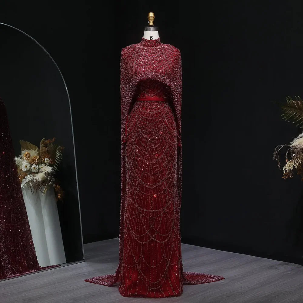 The Isadora — Long Sleeve Beaded Cape Gown