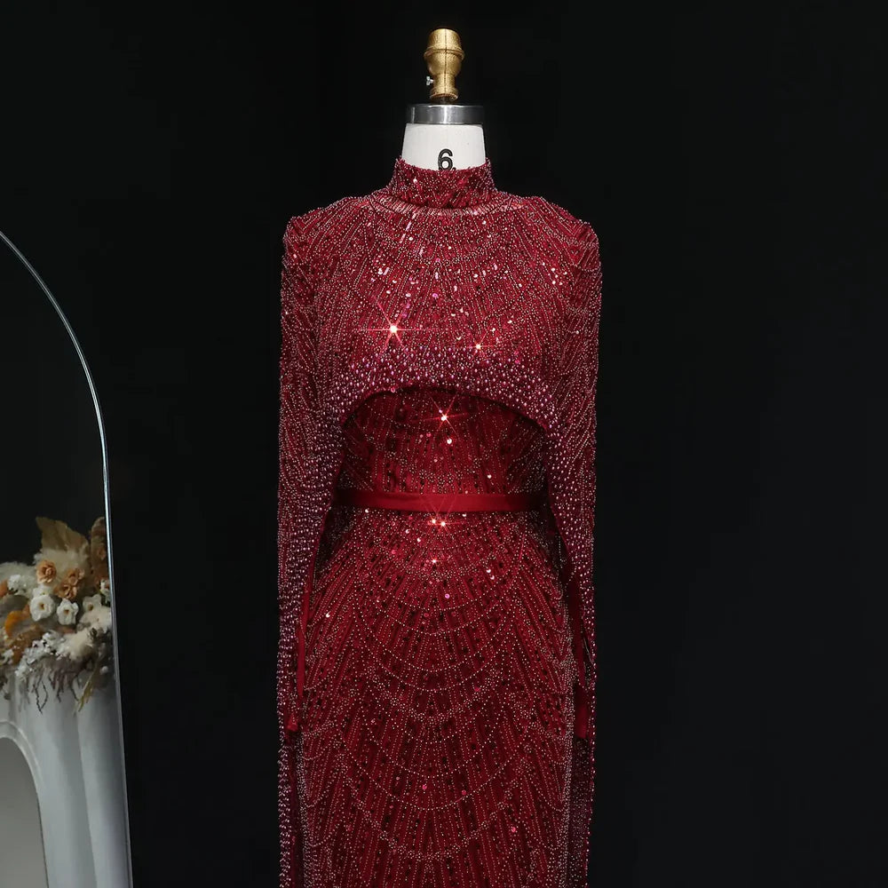 The Isadora — Long Sleeve Beaded Cape Gown