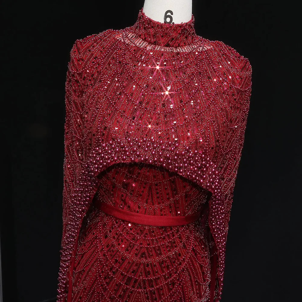 The Isadora — Long Sleeve Beaded Cape Gown
