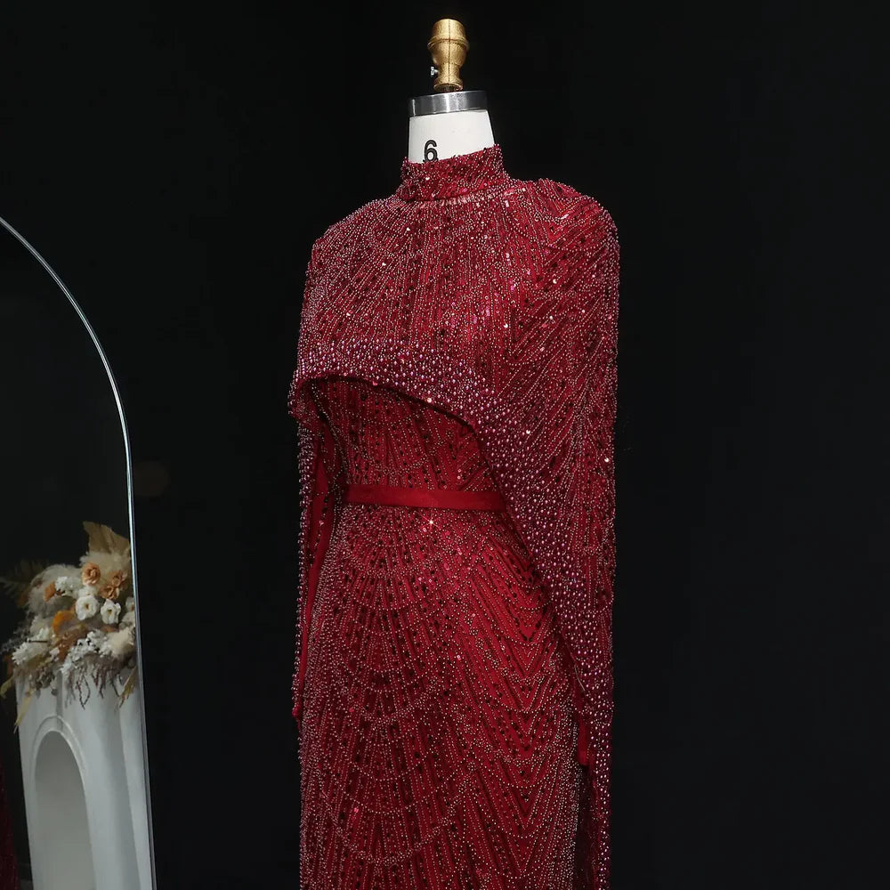 The Isadora — Long Sleeve Beaded Cape Gown