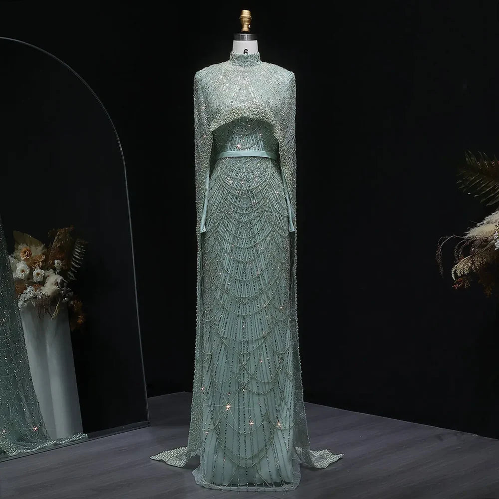The Isadora — Long Sleeve Beaded Cape Gown