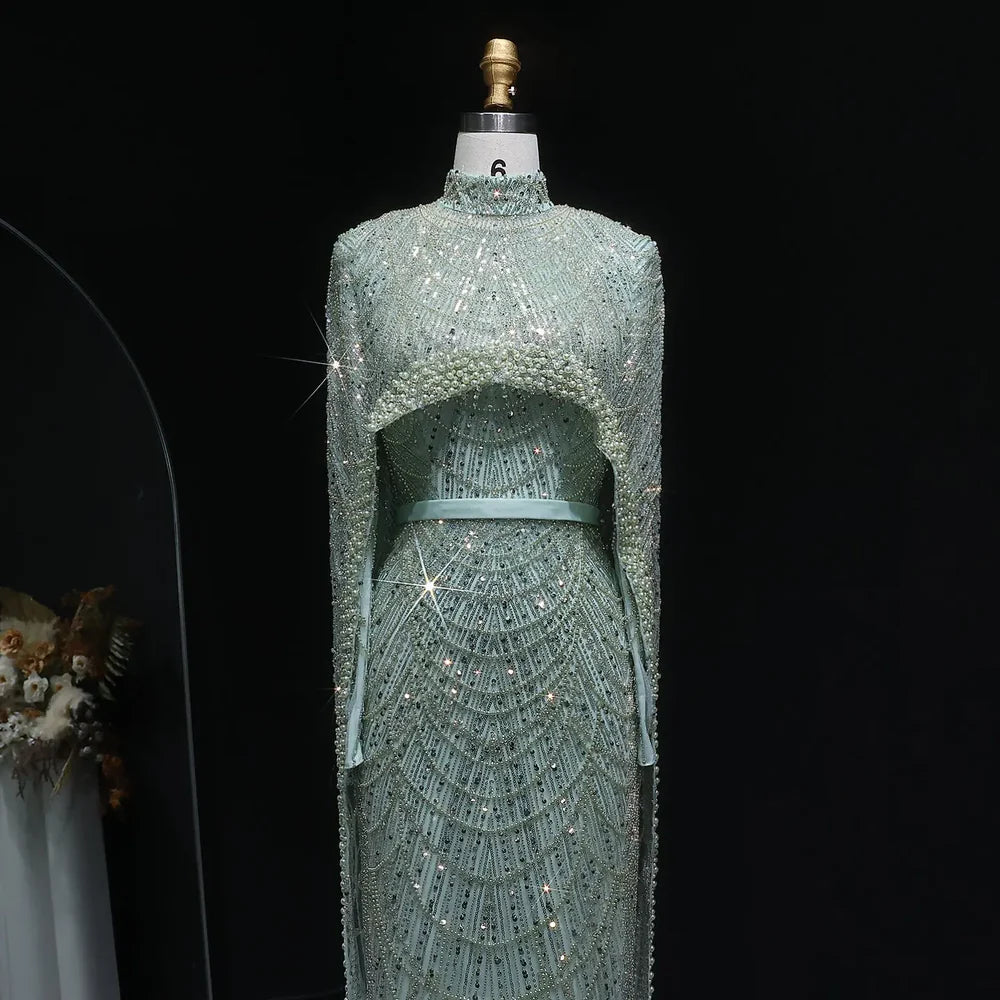 The Isadora — Long Sleeve Beaded Cape Gown