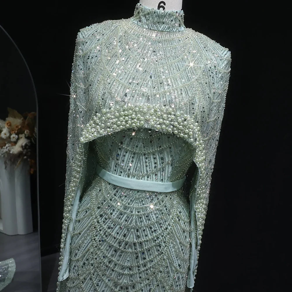 The Isadora — Long Sleeve Beaded Cape Gown